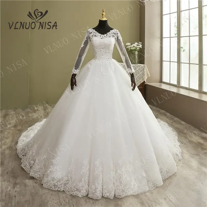 Fashion Elegant Lace Embroidery Long Sleeve Wedding Dress with Train Real Image Gown V Neck Beautiful Plus Size Vestido De Noiva