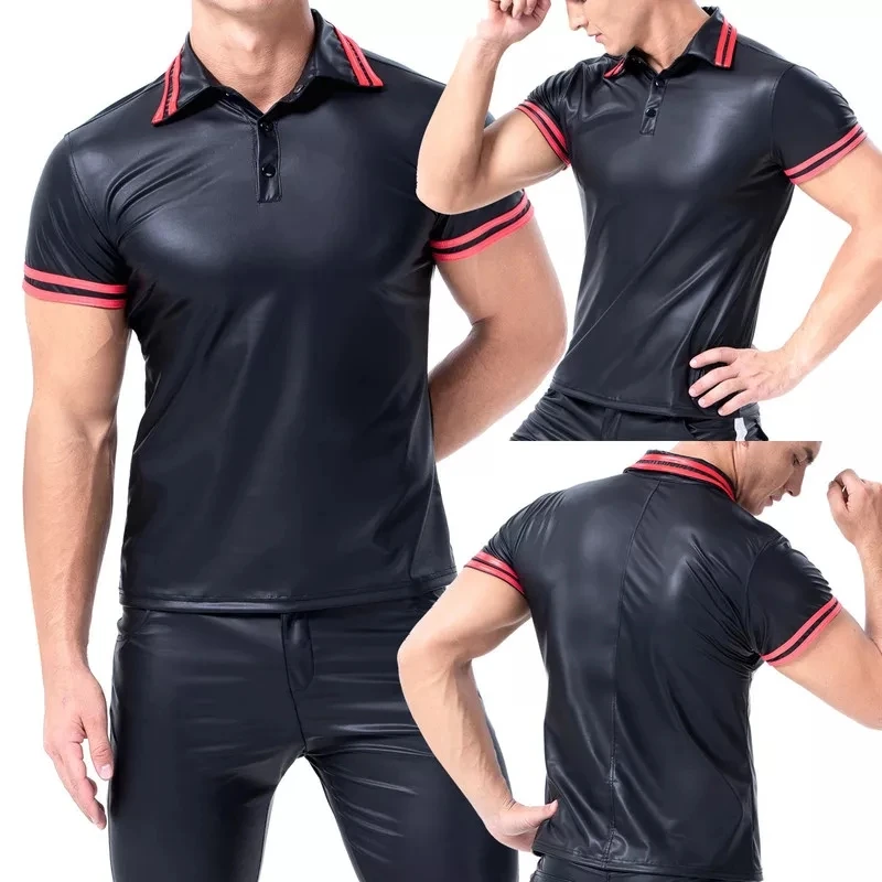 Mens Sexy Faux Leather Short-sleeved Shirt Erotic Shaping Sheath Latex Bodycon Casual T-shirts Male Patent Leather Polo Shirt