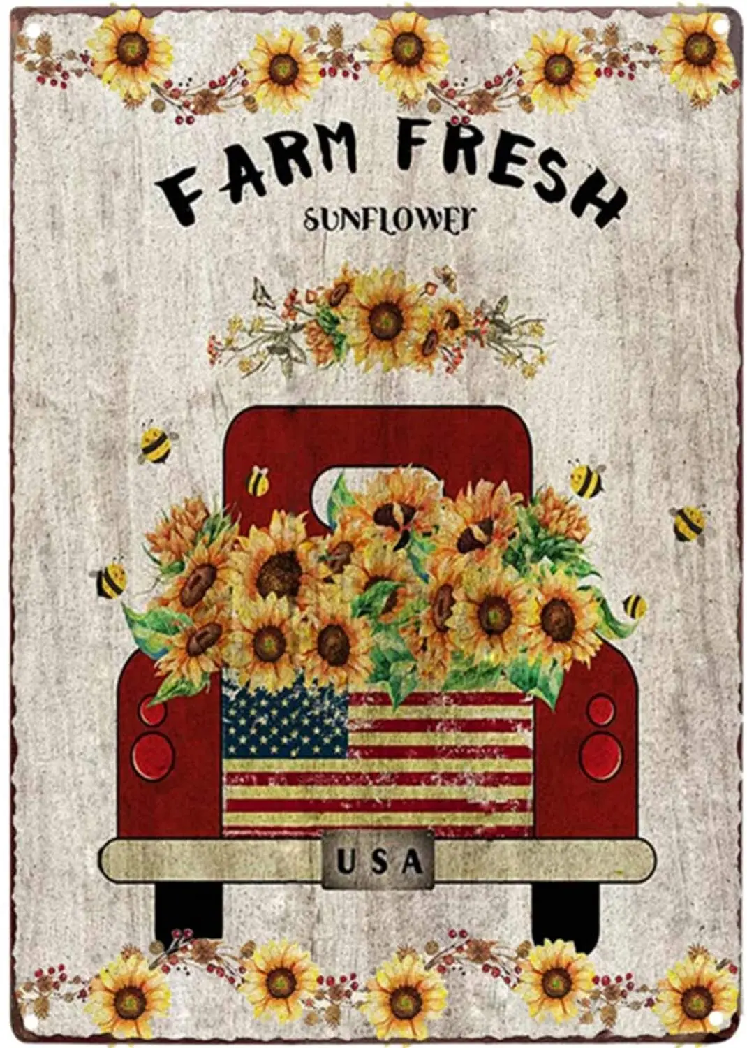 TISOSO Farm Fresh Sunflower Red Truck Vintage Tin Bar Sign Farmhouse Kitchen Wall Country Home Decor for Living Room Bedroom