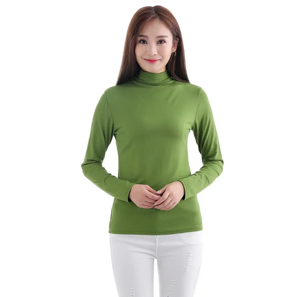 HANYIMIDOO Women Basic Solid Long sleeve T Shirt Turtleneck Plain Cotton Spandex Plus Size Lady tees & tops Autumn