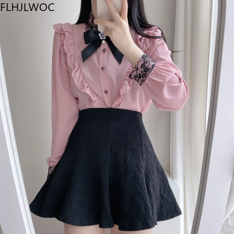 2023 Autumn Spring Women\'s Cute Ribbon Bow Tie Tops Preppy Style Vintage Japan Korea Design Button Elegant Formal Shirts Blouses