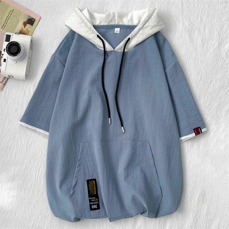 Summer Men\'s Ice Silk Short-sleeved Hooded Sweatshirt Loose Pullover Top Male Streetwear Hoodie Sudaderas Con Capucha