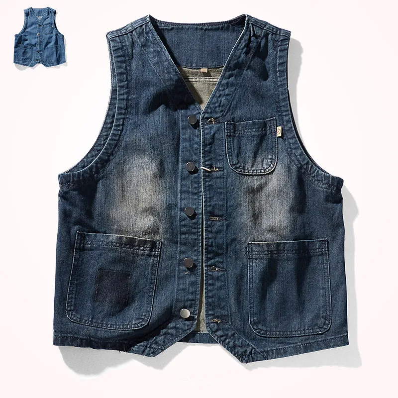 

Autumn New Japanese Retro Denim Tooling Vest Men's Fashion Pure Cotton Washed Old Sleeveless V-neck Multi-pocket Casual Coat