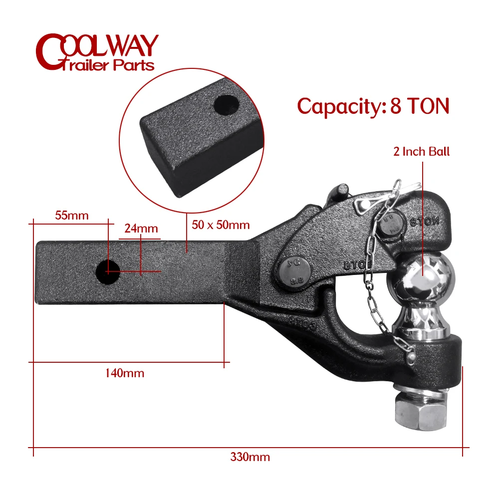 Heavy Duty 8 Ton 2 Inch Ball Shank 1-Hole Combo Pintle Hook Receiver Arm Hitch for Towing 4WD Truck Trailer Parts