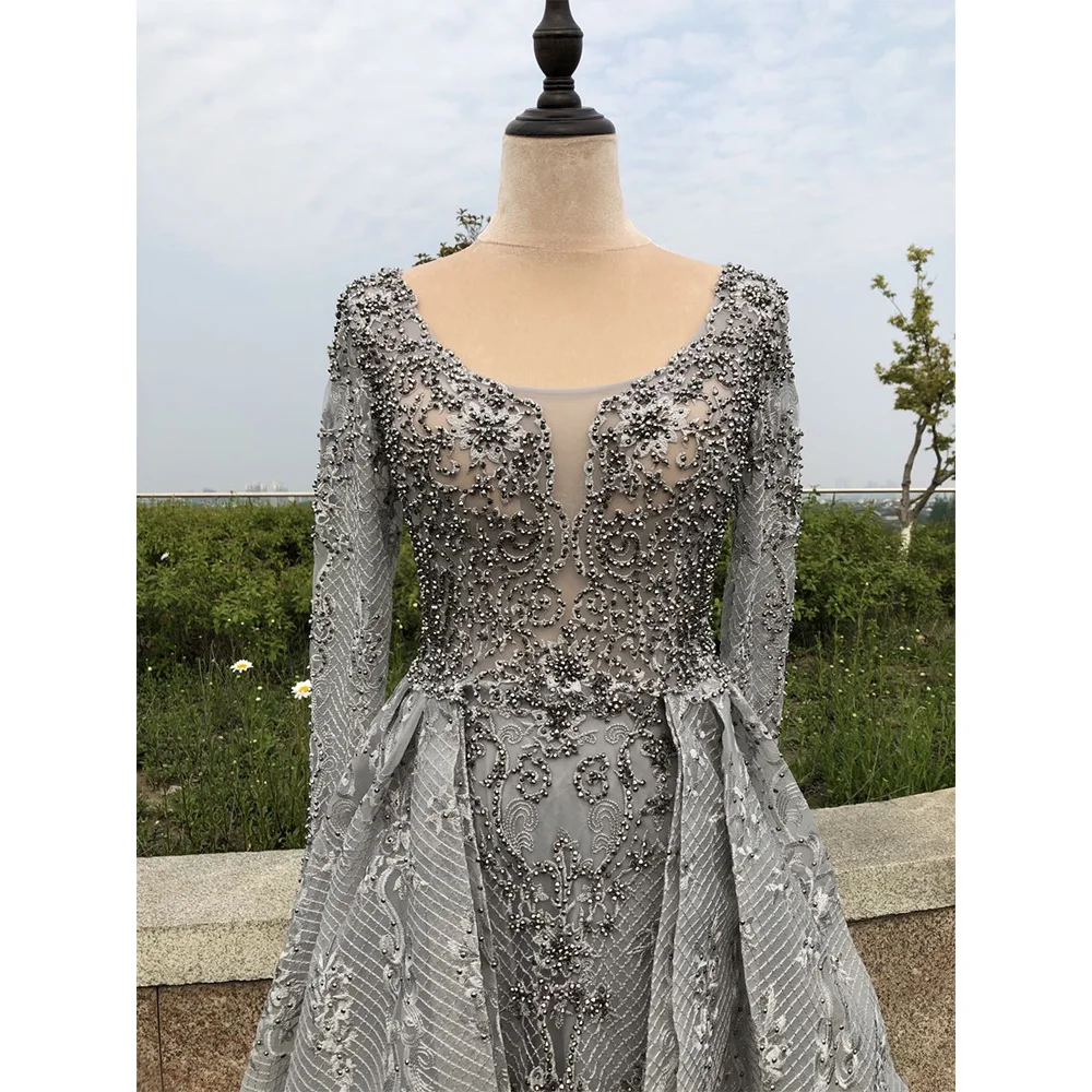 Luxury Lace Evening Dress for Women 2024 O Neck Long Sleeves Mermaid Crystal Arabic Formal Prom Wedding Party Gowns Customized