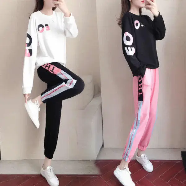 In Stock 2020 Slim Black Hoodies Women Set Stripe Side Casual Two Piece Set Women Zipper Long Hooded Sweatshirt + Pant 3xl