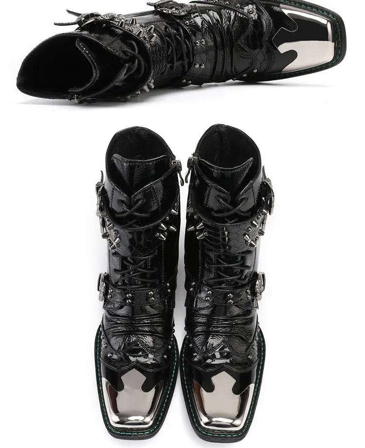 Men's Cowhide Serpentine Print Metal Decor Pointed Toe Belt High‑Heel Short Boots Western Cowboy Boots For Stage Show Party