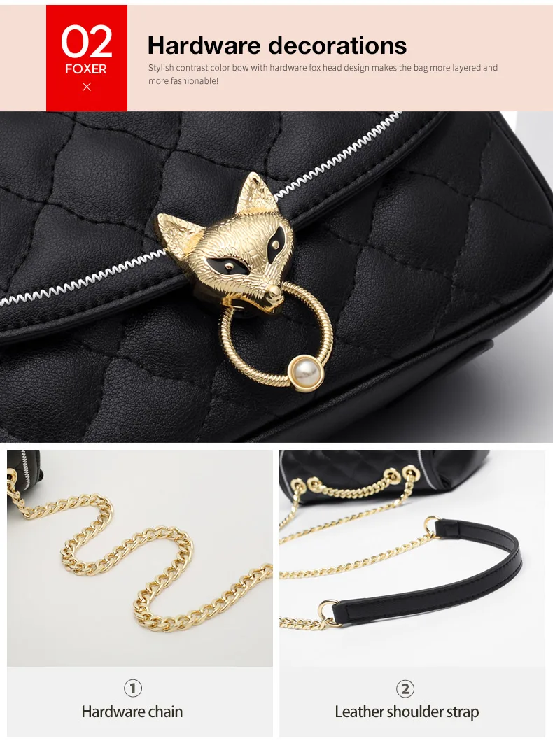 FOXER Damen-Umhängetasche aus Spaltleder mit Kettengurt, Elegante Klassische Crossbody-Tasche mit Rautenmuster, Damen-Messenger-Taschen – Detail 5