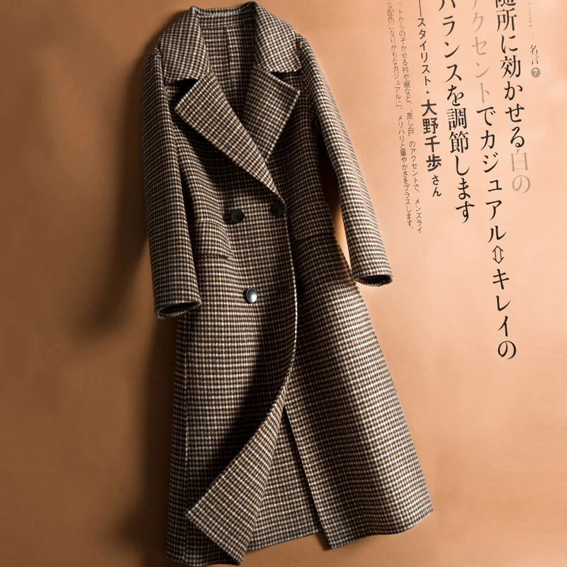 New Spring Autumn Wool Jacket Women Houndstooth Long Double-Sided Woolen Pure Wool Overcoat Female Slim Elegant Woolen Outerwear