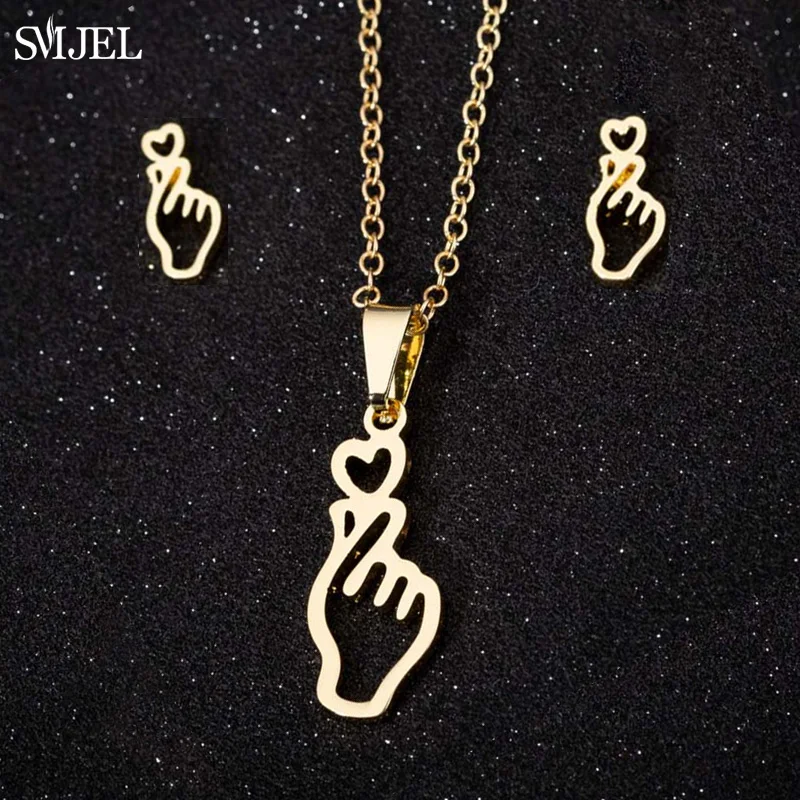 Stainless Steel Hand Gesture Necklace Gold Color Jewelry Sets Korea Show My love to You Earrings Hand Jewelry Fans Gift Friend