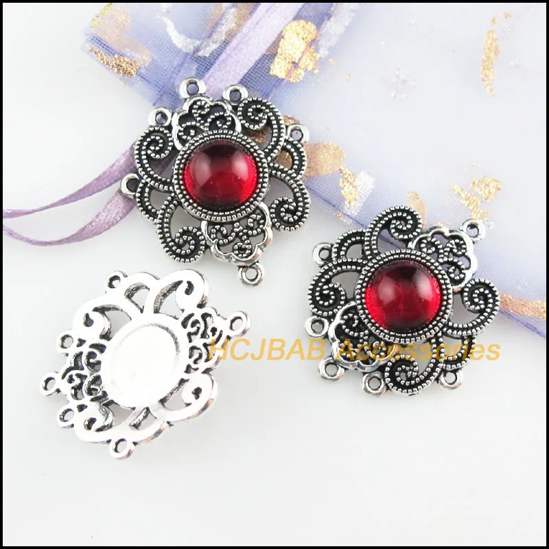 5Pcs Tibetan Silver Tone Flower Round Red Glaze Charms Connectors 27.5x31.5mm