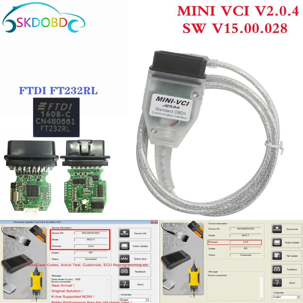 

For Toyota MINI VCI New Firmware V2.0.4 Dual K+DCAN Supports K-Line Interface Latest Version Software V16.00.017 MINI-VCI