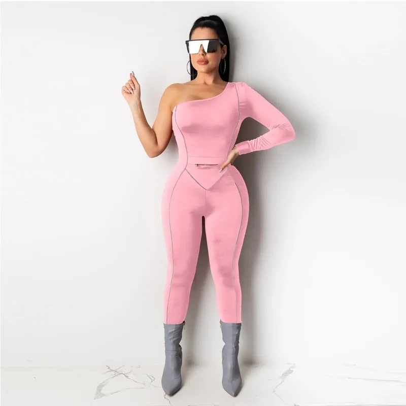 2021 Fitness One Shoulder Rompers Women Jumpsuit Autumn Bodycon Playsuits for Female Long Sleeve One Piece Overalls Tracksuits