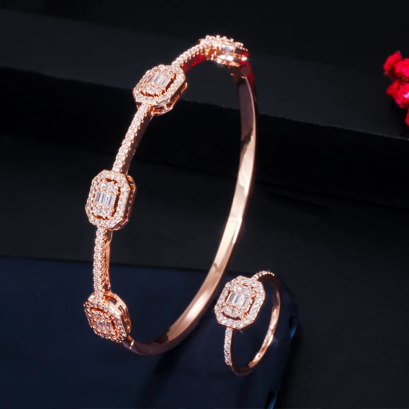 CWWZircons Stackable Square Cubic Zirconia 585 Rose Gold Color Cuff Bangle Braclet Ring Set for Women Fashion Brand Jewelry T100