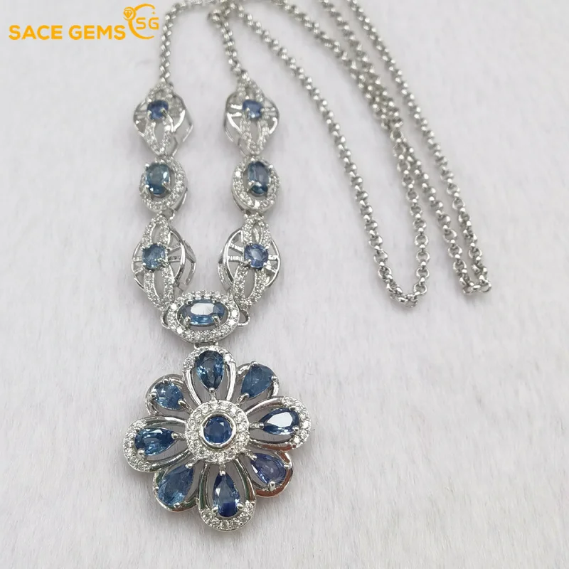 SACE GEMS 100% 925 Sterling Silver Sapphire Pendant Necklace for Women Sparkling The Wedding Party Fine Jewelry Holiday Gift