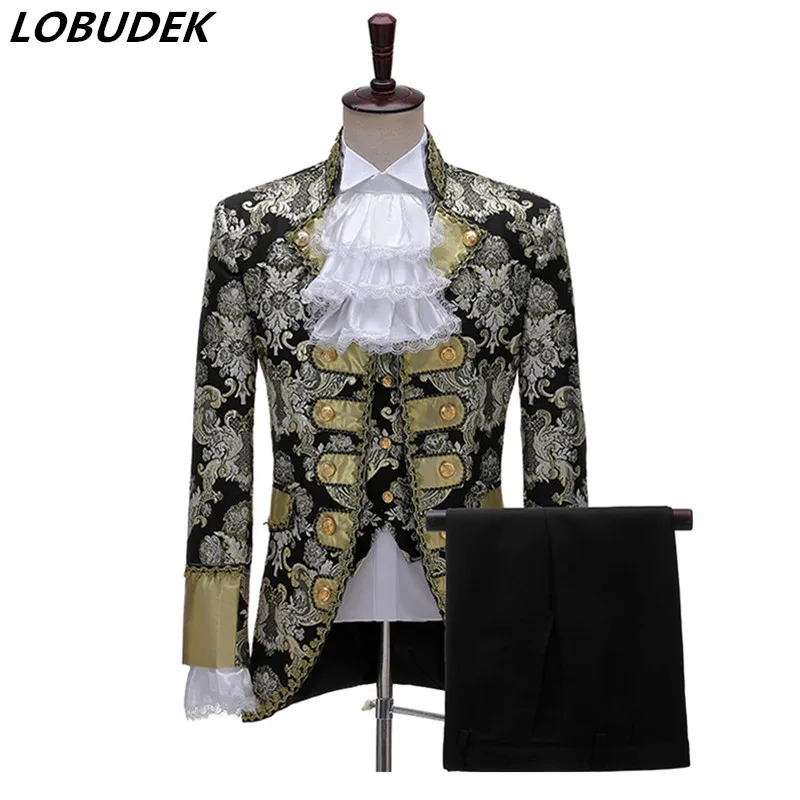 

Men's Drama Court Tuxedo Suit Fashion Vintage Jacquard Embroidery Suits Wedding Groom Dress Singer Stage Performance 3-Piece Set