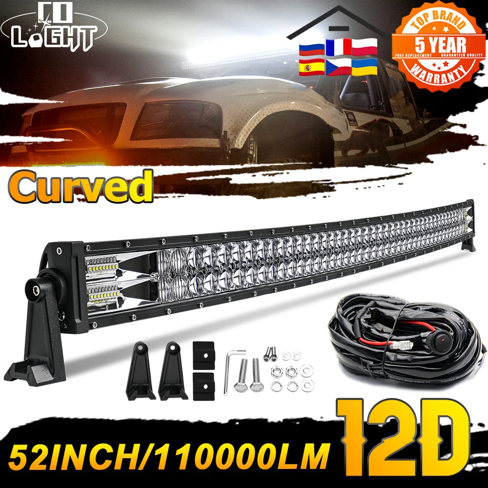 CO LIGHT 110000LM 52inch Curved LED Light Bar 12D Super Bright 2-Rows Combo Beam Led Bar For ATV Offroad UAZ SUV 4x4 4WD 12V 24V