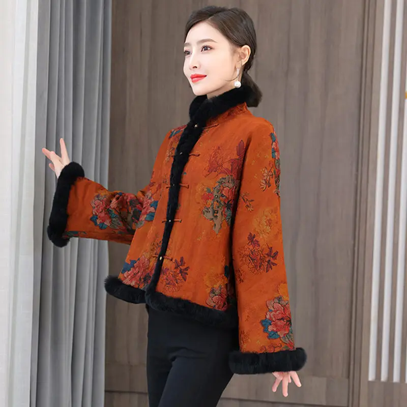 

Chinese Style Retro Floral Jacket For Women Winter Loose Small Cotton Padded Tang Suit Quilted Coats With Fur Short Parka