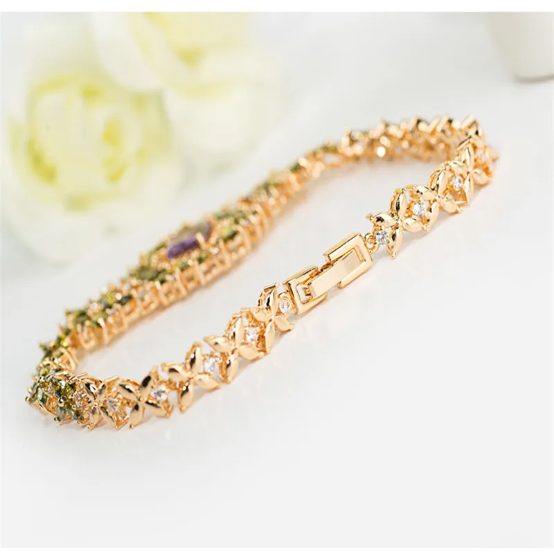 AIYANISHI 18K Gold Filled Fashion Flower Charm Tennis Bracelets for Women Engagement Party Bracelets Jewelry  Pulseira Feminina