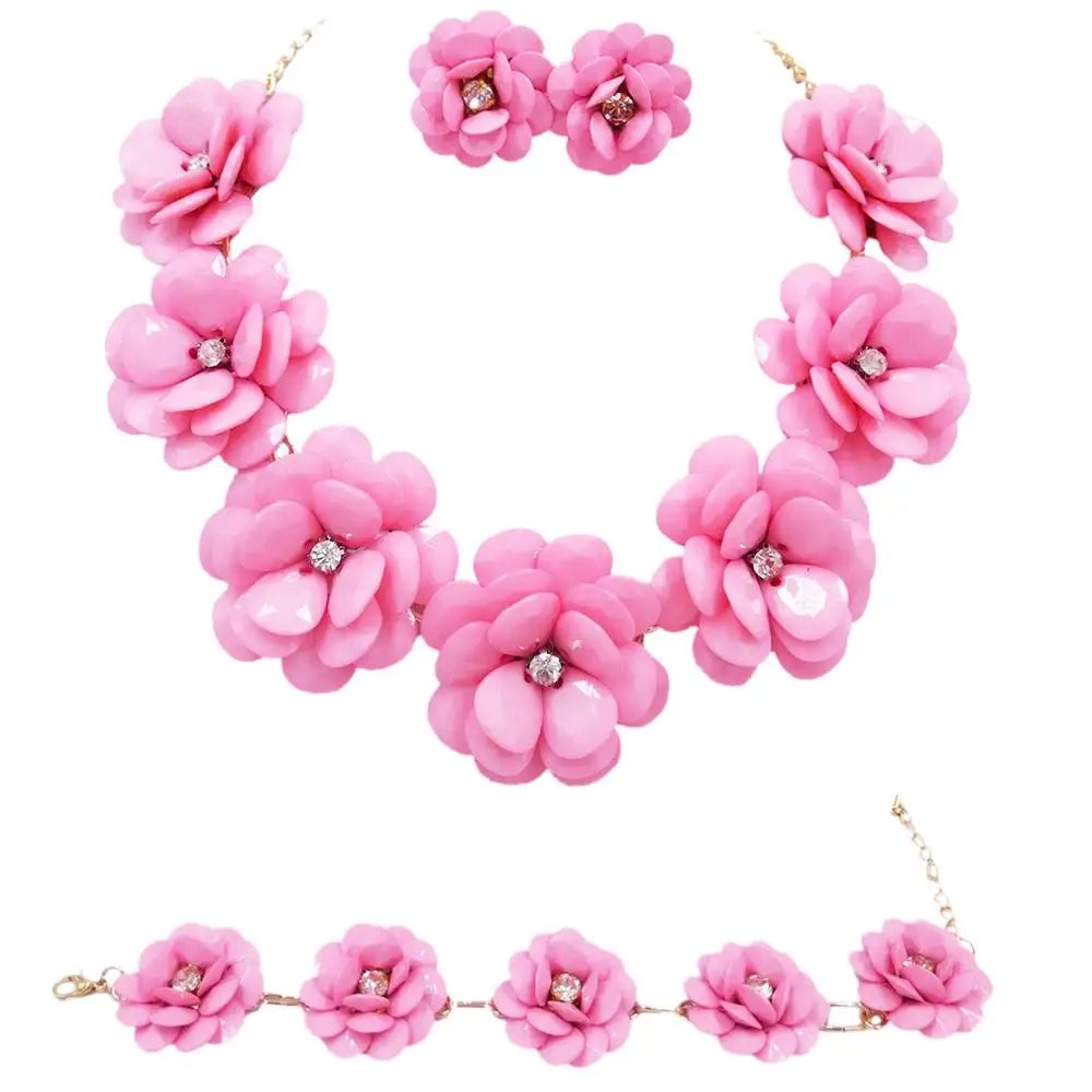 lovely pink flower necklace costume jewelry set african wedding beads nigerian set