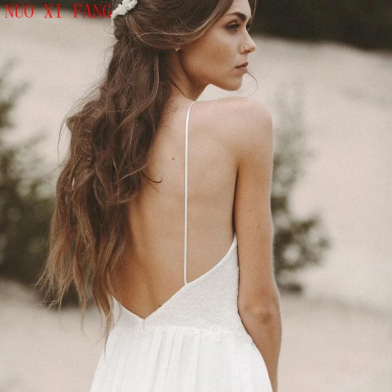 Cheap Beach Sexy V Neck Open Back Wedding Dress Spaghetti Strap Boho Bridal Dresses 2022 Chiffon High Split Lace Wedding Gowns