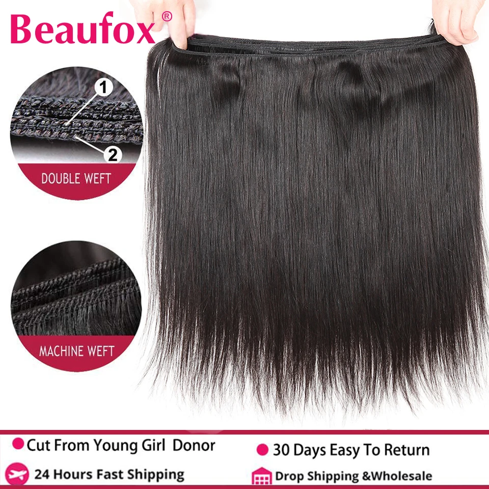 Beaufox-extensão natural do cabelo indiano remy, cabelo liso, com fechamento do laço, 3/4 pacotes