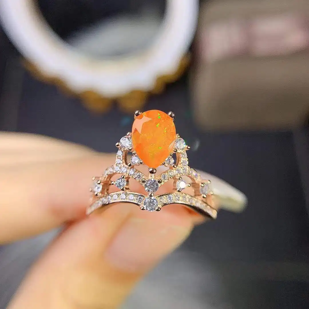 

Sterling Silver Crown Ring Orange Natural Opal Engagement Wedding Rings Vintage Orange Opal Jewelry