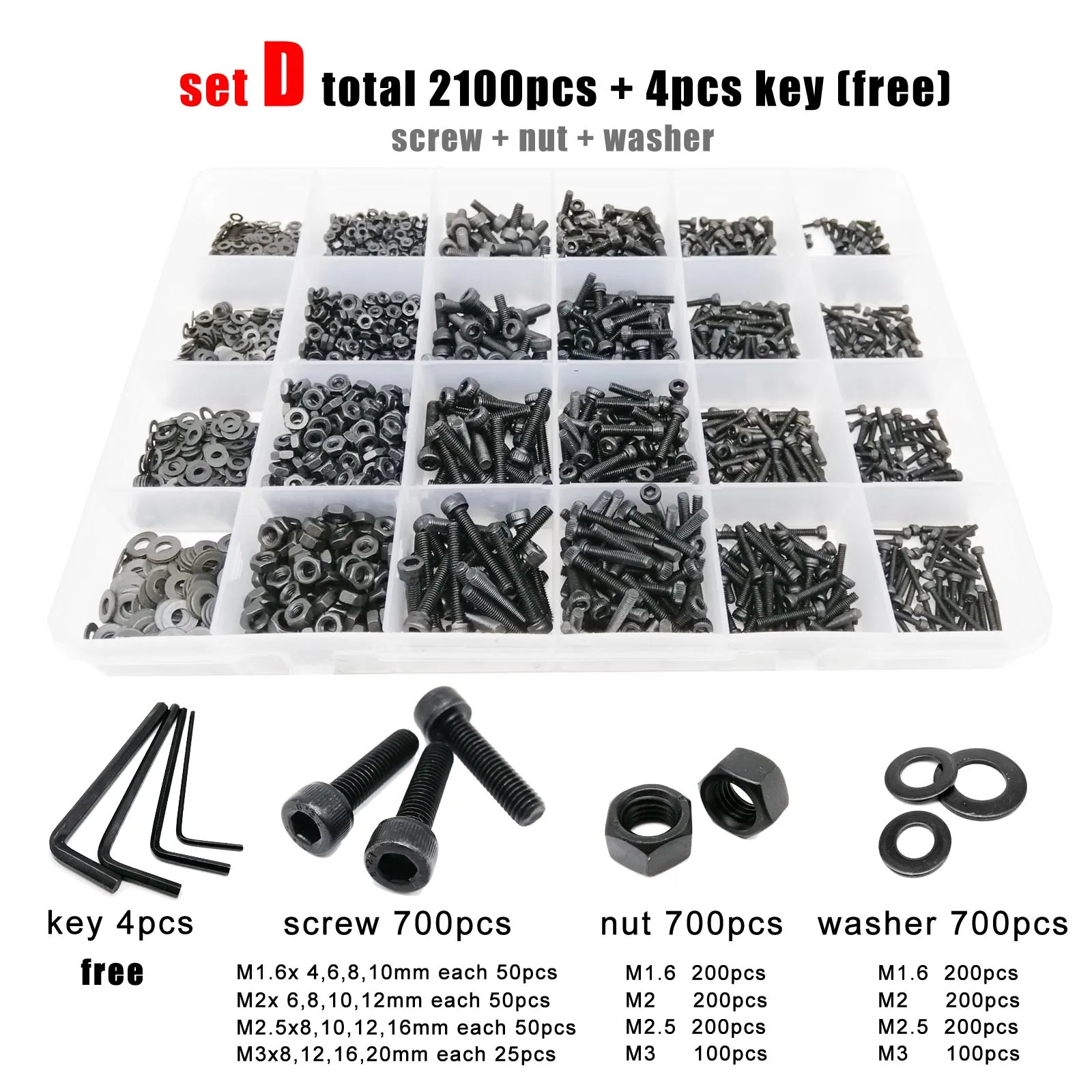 400/2100pc M1.6 M2 M2.5 M3 M4 M5 Black Grade 12.9 Steel Hexagon Hex Socket Cap Head Screw Bolt Nut Washer Set Assortment Kit Box