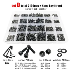 400/2100pc M1.6 M2 M2.5 M3 M4 M5 Black Grade 12.9 Steel Hexagon Hex Socket Cap Head Screw Bolt Nut Washer Set Assortment Kit Box