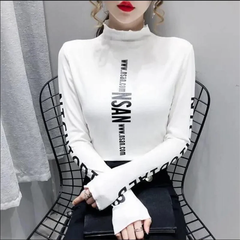 Mid-high-neck Bottoming T-shirt Elastic Inner Ride Femme Tee Tops autumn winter warm letter printing Streetwear Women\'s T-shirts