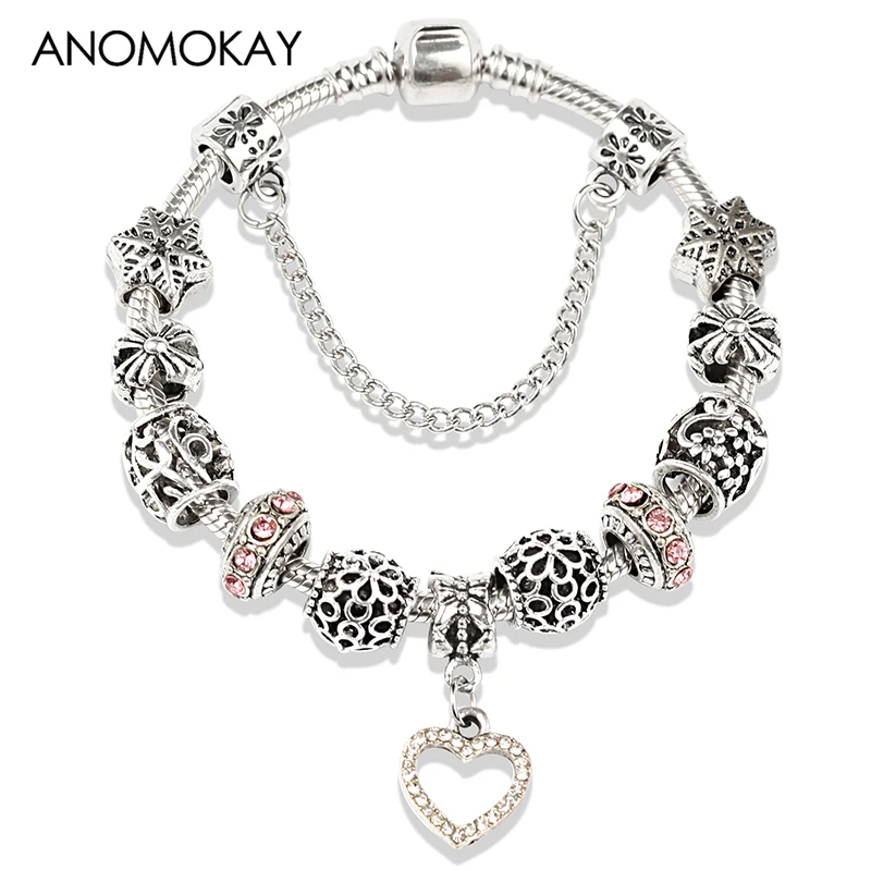 2019 Hot Classic Silver Color Flower Charm Bracelet Romantic Pink Crystal Diy Bead Bracelets & Bangles for Women Girl