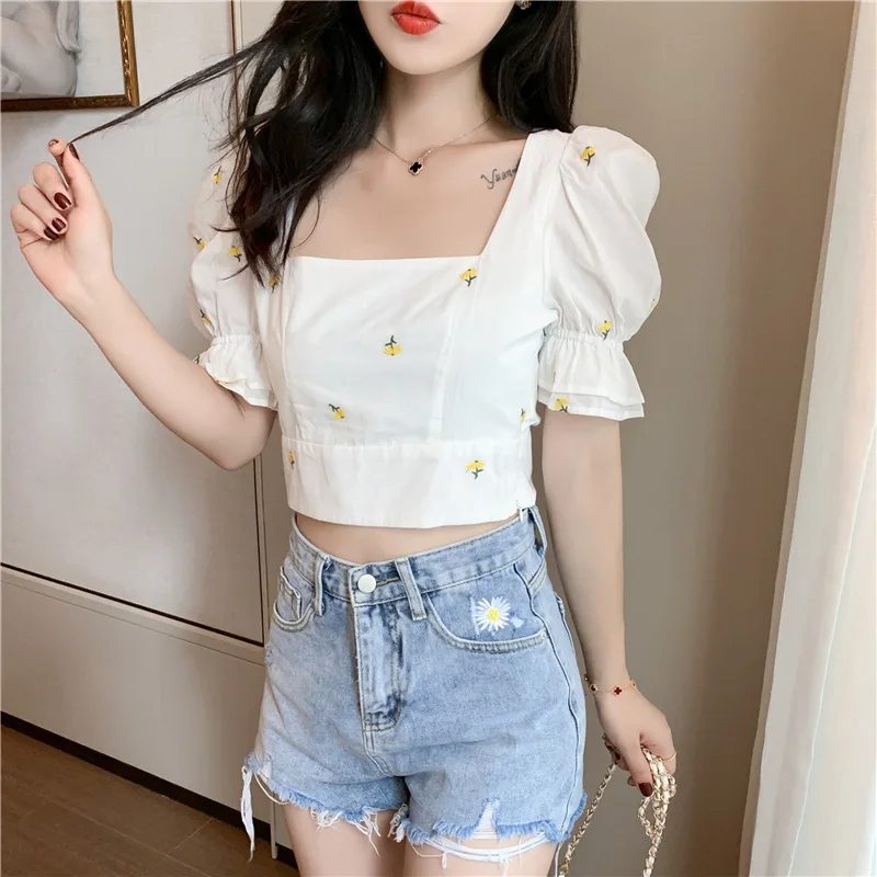 Blouse Et Chemisier Femme Vintage Square Neck Back Bow Bandage Sexy Crop Top Short Sleeve Summer Floral Embroidery Shirts Women