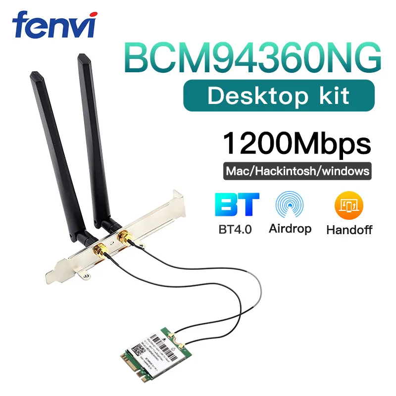 Adaptador sem fio BCM94360NG, Kit M.2 Desktop, Hackintosh, Cartão WiFi MacOS NGFF, Banda Dupla, 1200Mbps, Bluetooth 4.0 Janela, 802.11ac, BCM94360NG