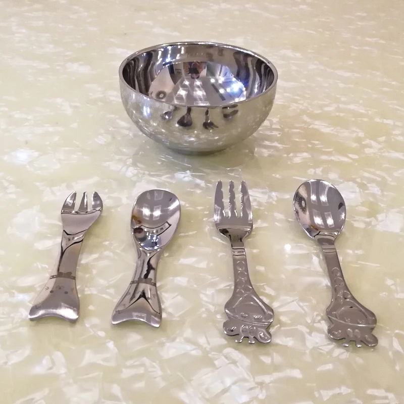 

304 Stainless Steel Children's Tableware Bowl Spoon Fork Set Baby Fork Small Spoon Double Layer Heat Insulation Round Bowl