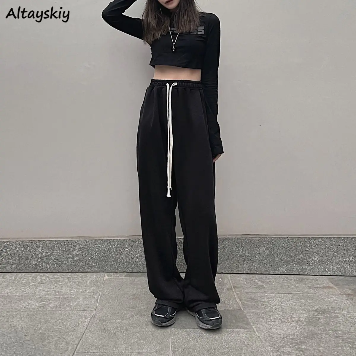 

Harajuku Causal Pants Women Spring Couples Loose High Street All-match Elastic Waist Trousers Basic Solid Comfortable Mopping BF