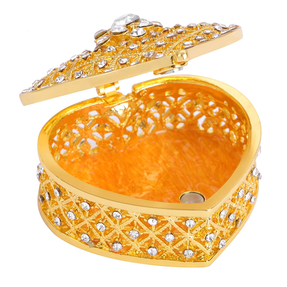 Gold Heart Shape Metal Jewelry Box with Imitation Rhinestone Women Gift Wedding Arrhae Unity Coins Set Box Bride Accessory
