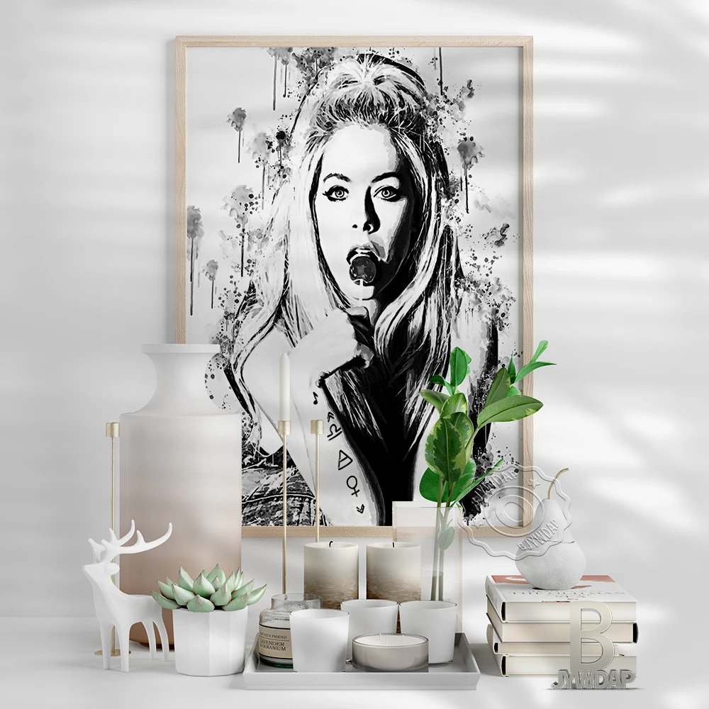 Avril Lavigne Watercolor Black White Poster, Long Hair Elegant Goddess Everyday Sketch Art Prints, Singer Portrait Wall Decor