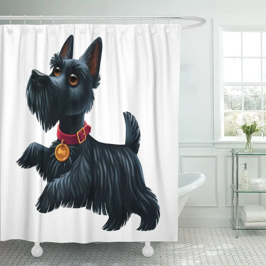 Animals Black Scottish Terrier Breed Dog Red Collar Digital Shower Curtain Waterproof Polyester Fabric 72 x 78 Inches Set