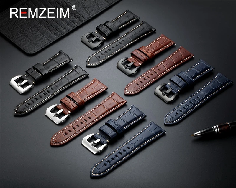 REMZEIM New 20 22 24 26mm Genuine Leather Watch Band Strap Blue watchband Watch Accessories Bracelet with Solid metal Buckle