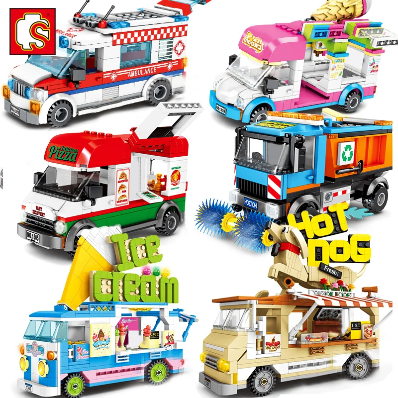 

Sembo City Vehicle Street Sweeper Dumper Pizza Van Ice Cream Truck Building Blocks Friends Street View Ambulance Car Figure Toys