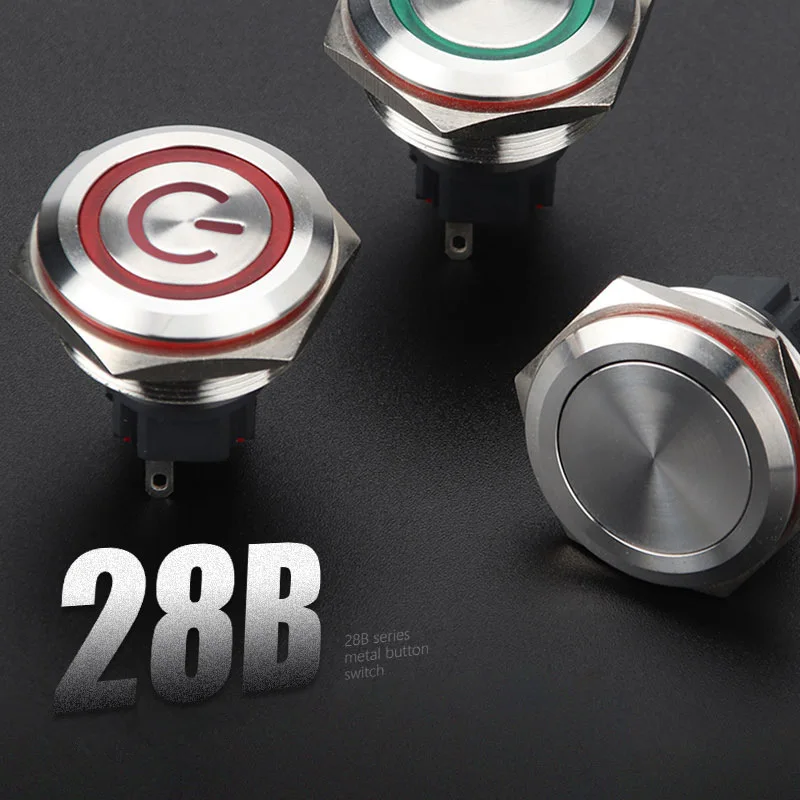 28mm Metal Button Switch 304 Stainless Steel with Lamp Self Locking Reset Waterproof IP67 Start 5v12v24v220 DIY