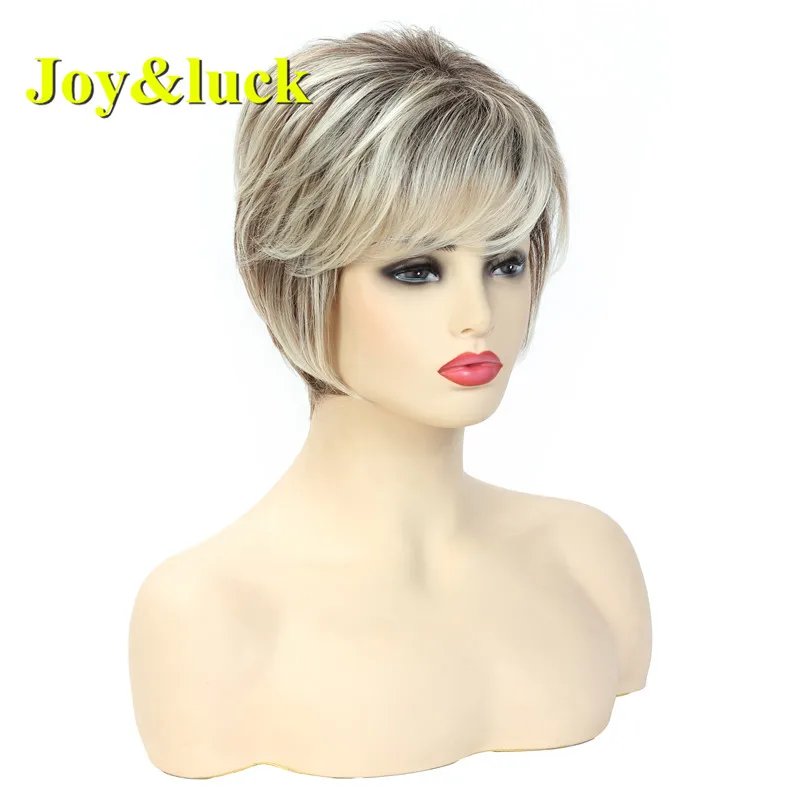 Joy&luck Short Wig Brown Mix Blonde Color Curly Synthetic Wigs For Women Full Wigs With Bangs Hiar Wigs