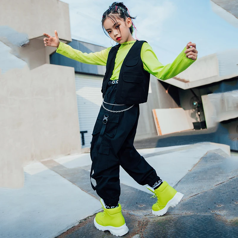 Boys Hip Hop Costumes Girls Jazz Show Clothing Green Sweatshirt Black Vest Pants Casual Kids Wear Ballroom Dance Clothes BL5313