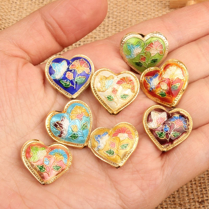 5pcs Handmade Fancy Enamel Heart Love Beads Cloisonne Filigree Accessories DIY Jewellery Making Pendants Earrings Bracelet 5pcs