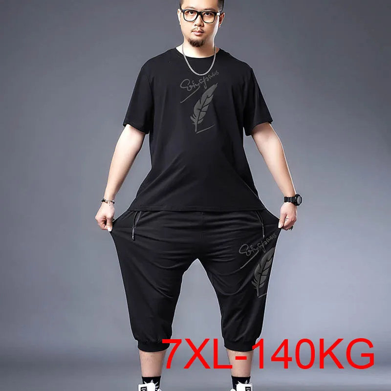 

140Kg Large size men's summer casual suit bust 143 3XL 4XL 5XL 6XL 7XL short-sleeved cropped trousers suit black