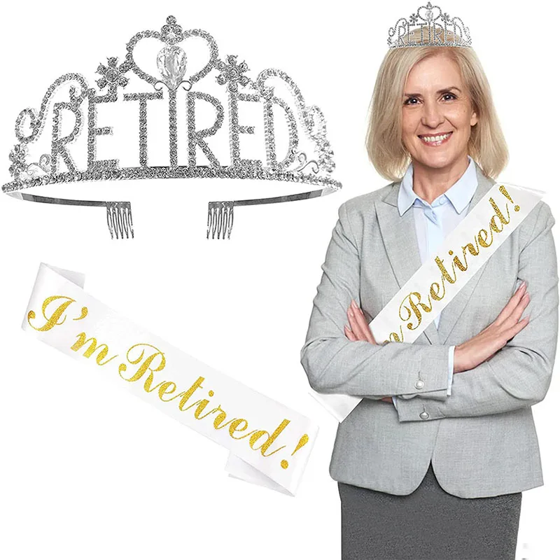 I'm Retired Stain Sash and Crown Officially Retired Sashes Tiaras for Elderly Adult Retirement Celebration Party Decor Supplies