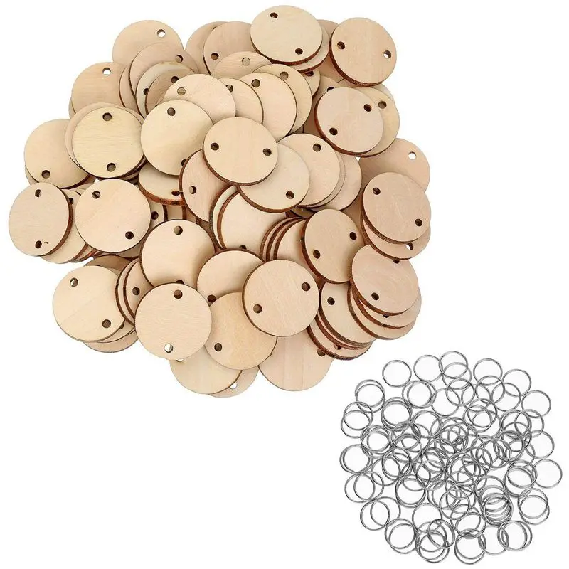 100 Pieces Round Wooden Discs with Holes Birthday Board Tags and 100 Pieces 15 mm Rings for Arts and Crafts (3CM)