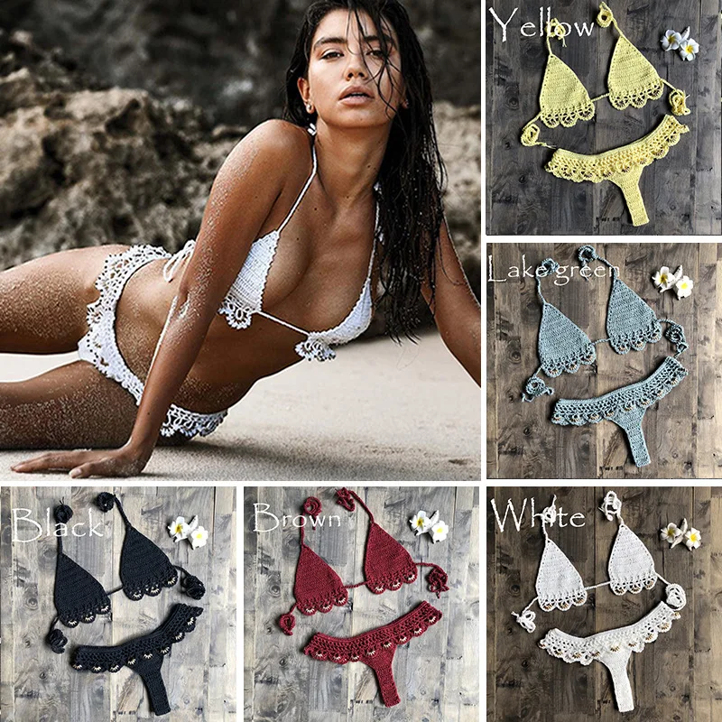 Merah Micro Bikini Thong Renang Cocok untuk Wanita Crochet Bikini Seksi 2 Sepotong Set Wanita Brasil Pakaian Renang Pakaian Renang String Pantai