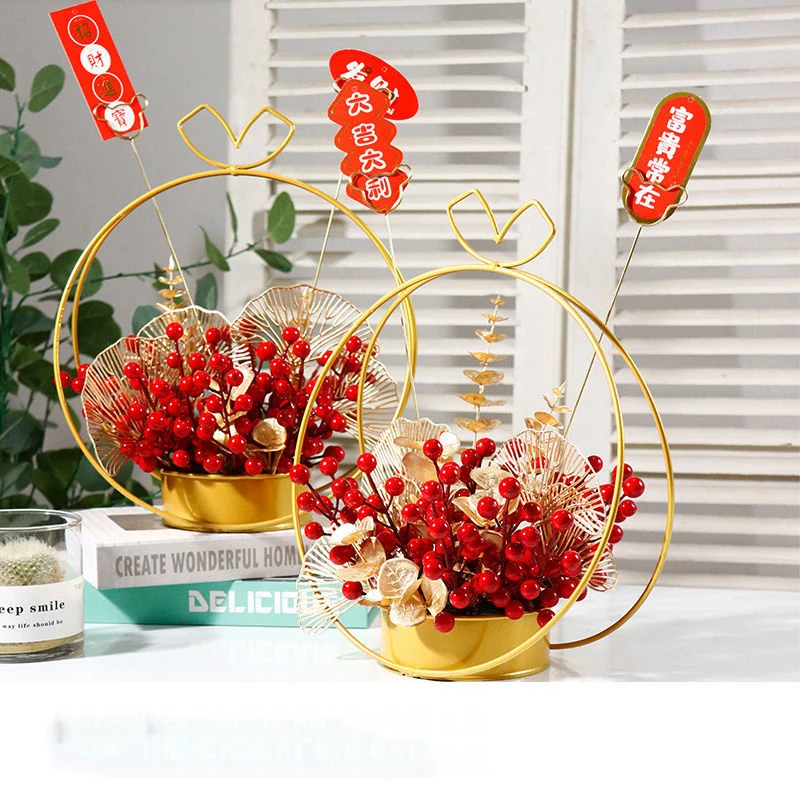 

Chinese Red Fortune Fruit Lucky Holly Fruit Metal Vase Simulation Flower New Year Ornaments Home Livingroom Furnishing Crafts