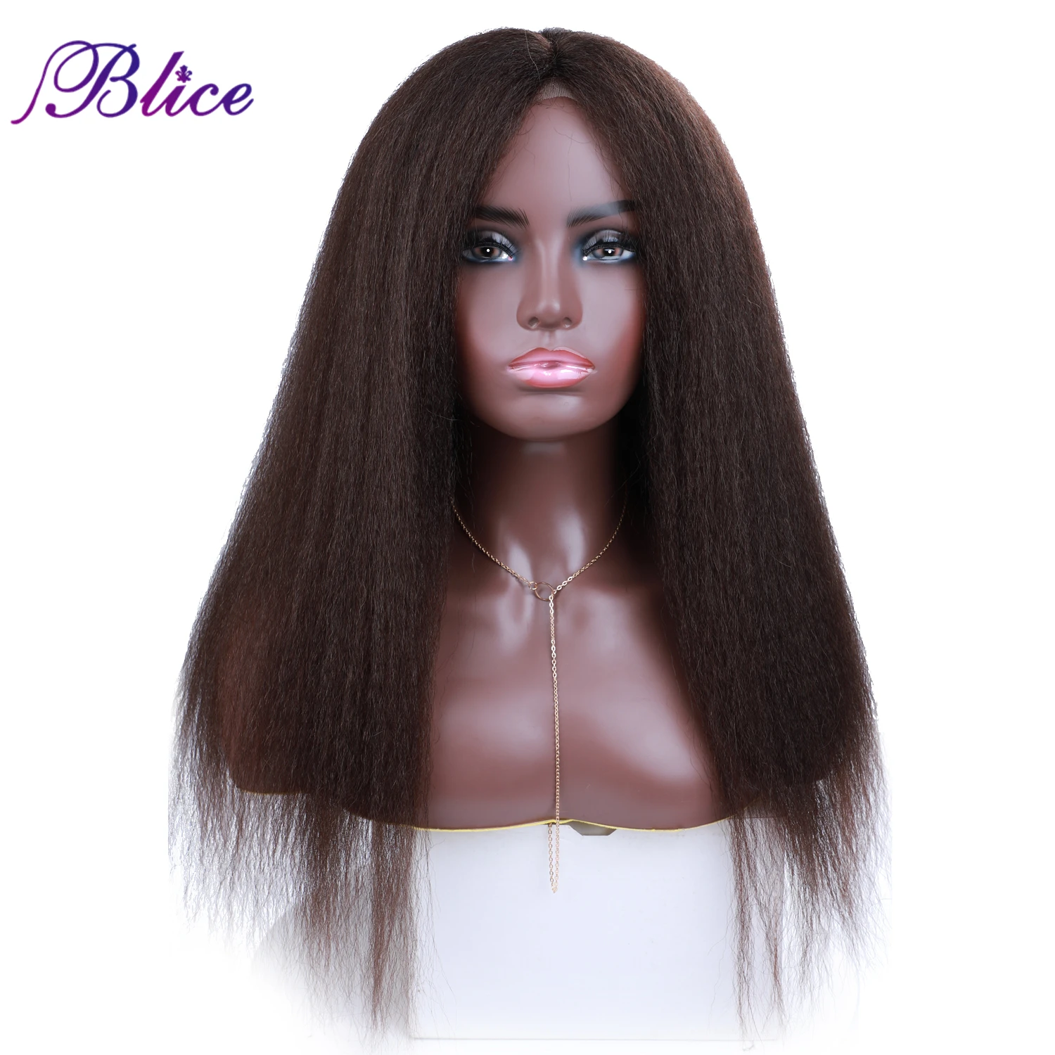 Blice 2x4 Hand Made Fringe Middle Part Wig Synthetic Hair Extensions Yaki Straight Heat Resistant Closure Wigs 20 Inch For Women